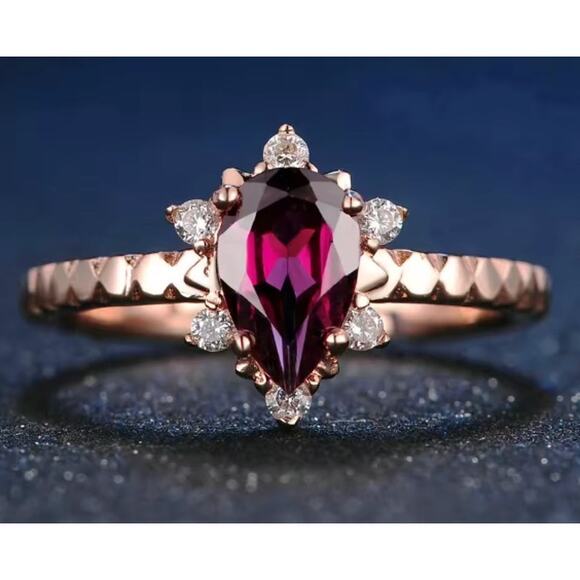 925 Sterling Silver Rose Gold Garnet Ring | Adjustable Wedding Band Size 7–9 - Picture 4 of 6